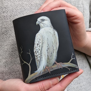 Carteira de couro preta bolsa masculina com pintura de pássaro falcão ideia de presente para homem bolsa pequena feita à mão de alta qualidade bolsa de tamanho pequeno