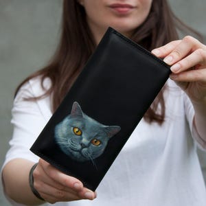 Cartera personalizada con retrato de gato pintado Cartera grande de cuero negro con retrato de mascota Idea perfecta para regalar Monedero