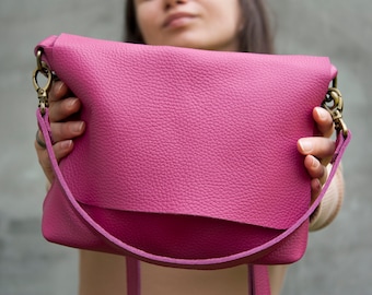 Women Pink Leather Crossbody Bag Fuchsia color Full Grain Leather Women Bag Gift for Daughter Pink Mini Small Bag