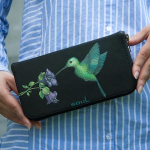 Monedero de piel negro con cremallera y diseño de colibrí para mujer, cartera grande con pájaros y flores, monedero de piel de alta calidad.
