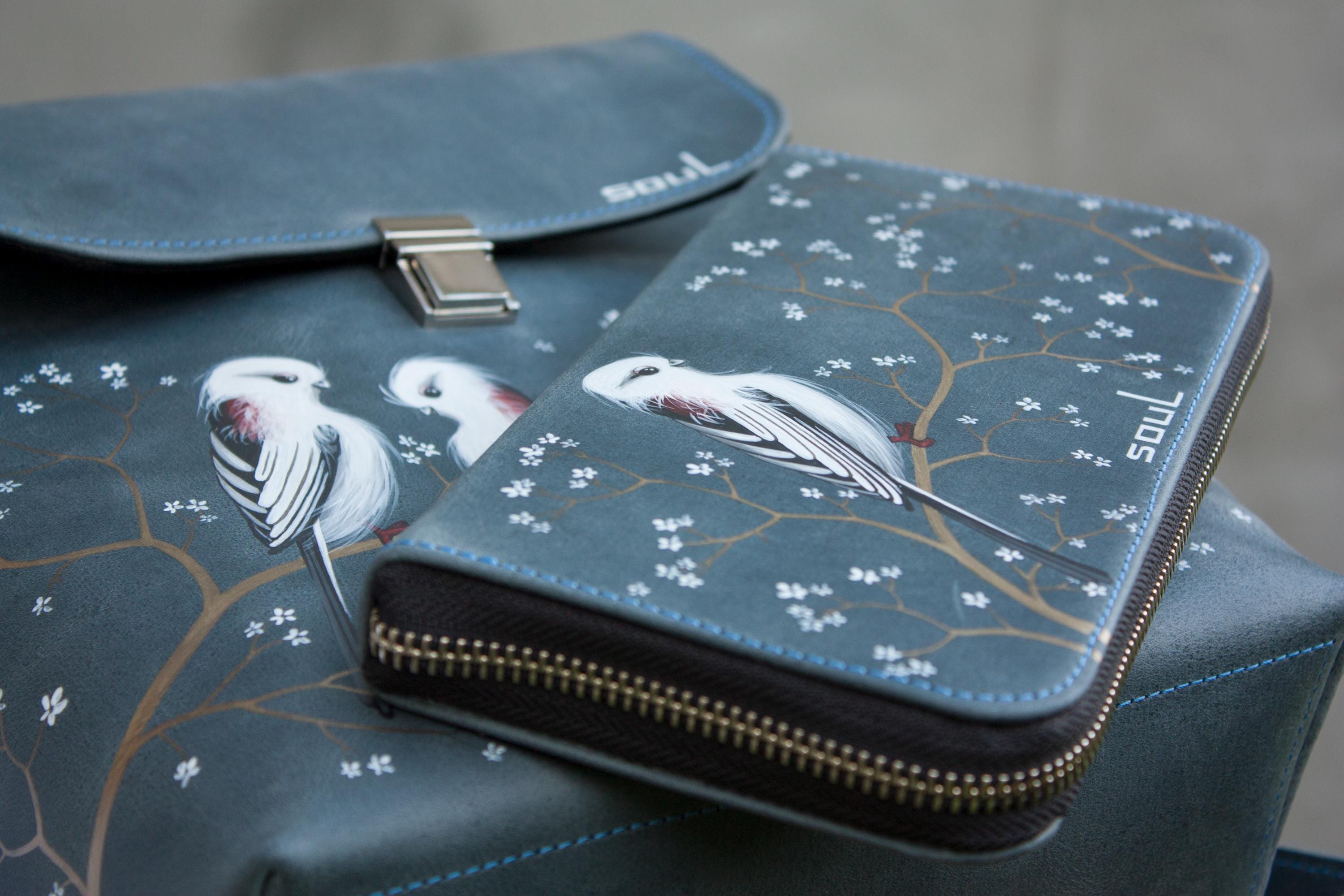 blue bird leather backpack Blue Leather Backpack with White Birds Painting Handmade Rucksack with  Flowers Painting Matte Leather Purse with Long Tailed Tit