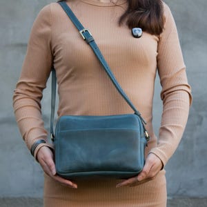 Blue Leather Crossbody Bag Women Minimalist Purse High Quality Leather Daily Bag Small Size Purse Rectangular Bag Handmade Crossbody Bag