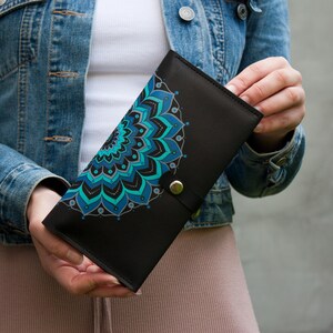 Black Leather Purse with Turquoise Blue Ornament Painting Women Handmade Wallet Slim Purse Birthday Perfect Gift Idea