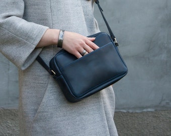 Dark Blue Leather Purse Women Handbag Matte Leather Bag Daily Crossbody Purse Women Gift Idea Minimalist Purse Small Handbag