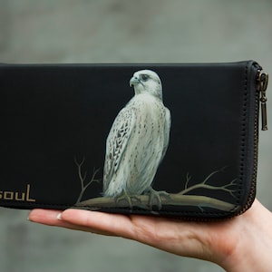 Falcon Bird Man Zipper Carteira de couro preta feminina grande carteira de couro vintage