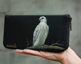 Falcon Bird Man Zipper Black Leather Wallet Women Large Vintage Leather Wallet