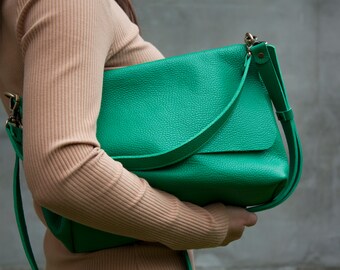 Emerald Green Leather Shoulder Bag Vivid Green Minimalist