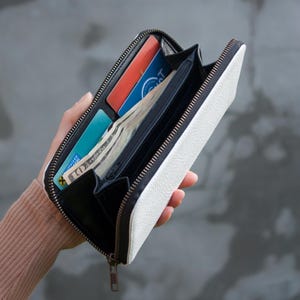 Cartera de cuero blanca para mujer, monedero básico, cartera grande, idea de regalo, monedero hecho a mano, monedero blanco de uso diario con cremallera.