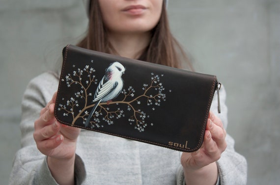Wallet With White Bird Painting Brown Leather Zipper Purse 