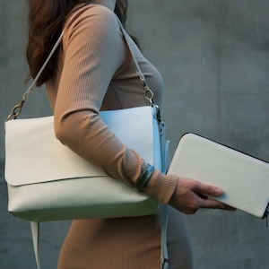 Bolso de hombro hecho a mano de cuero blanco, conjunto de bolso cruzado y billetera para mujer, monedero de cuero suave, monedero de uso diario y billetera con cremallera, idea de regalo para mujer