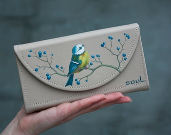 Titmouse Bird Women Leather Wallet Beige Large Purse Blue Yellow Bird and Berries