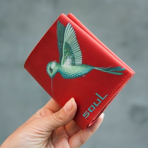 Cartera Vintage de Cuero Rojo para Mujer con Colibrí en Vuelo Cartera pequeña Plegable Idea de Regalo para el día de San Valentín