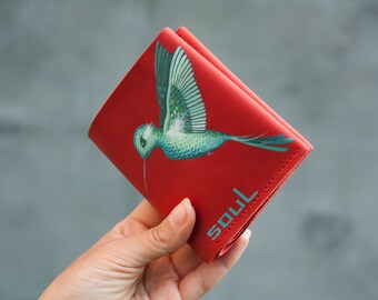 Cartera Vintage de Cuero Rojo para Mujer con Colibrí en Vuelo Cartera pequeña Plegable Idea de Regalo para el día de San Valentín