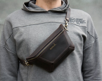 Men Leather Fanny Pack Cool Geometric Belt Bag High Quality Vintage Leather Waist Bag
