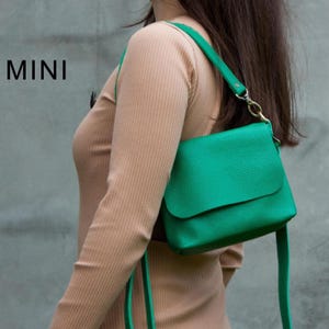Emerald Green Leather Shoulder Bag Mini Crossbody Purse Women Gift Idea Handmade Purse Wife Gift Idea Vacation Shoulder Bag
