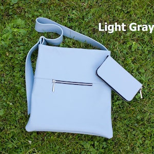 Bolso de mano de cuero gris claro y cartera con cremallera, bolso de hombro hecho a mano, bolso minimalista básico, conjunto de idea de regalo para mujer, bolso de cuero de alta calidad
