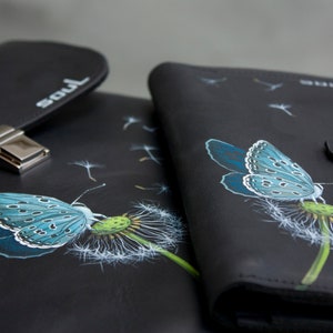 Black Leather Purse with Blue Butterfly and Dandelion Painting Slim Wallet Women Large Purse with Button Long Purse Women Gift Idea image 8