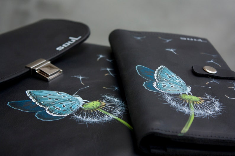 Black Leather Purse with Blue Butterfly and Dandelion Painting Slim Wallet Women Large Purse with Button Long Purse Women Gift Idea image 8