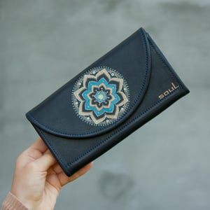 Handmade Wallet Blue Leather Purse with Ornament Painting Women Large Purse with Magnetic Button High Quality Leather Wallet