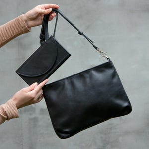 Bolsa tiracolo e carteira de couro preta básica, conjunto feito à mão, bolsa de couro preta para mulheres, conjunto de presente para mulheres, bolsa minimalista para o dia a dia