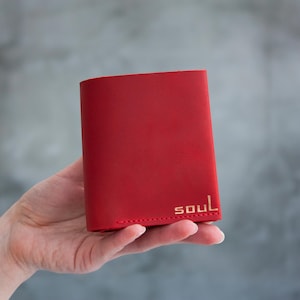 Red Leather Mini Wallet with Button Handmade Purse Wallet for Man Small Size Minimalist Red Wallet Women Gift Idea Man Gift Idea