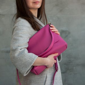 Hot Pink Leather Shoulder Bag Women Large Crossbody Bag Minimalist Pink Leather Purse Fuchsia Color Shoulder Bag Handmade Crossbody Bag