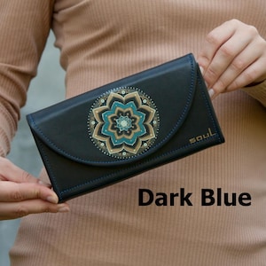 Women Wallet Dark Blue Leather Purse with Gold Mandala Painting Handmade Wallet with Ornament Painting High Quality Purse Women Gift Idea