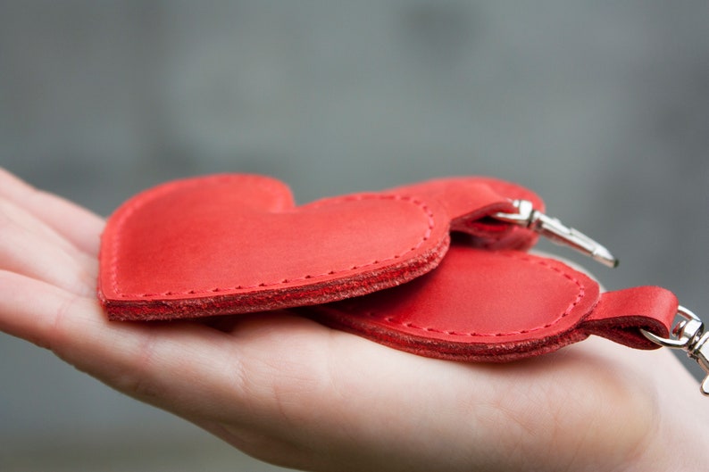 Leather Keychain Red Heart Key Fob as a Gift for Valentine's Day image 5