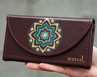 Burgundy Leather Purse with Gold Mandala Painting Women Elegant Wallet Handmade Wallet Large Purse Perfect Gift Idea for Mom Mandala Wallet