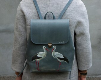 Zaino in pelle blu con dipinto di due cicogne bianche, borsa di grandi dimensioni, idea regalo per la moglie