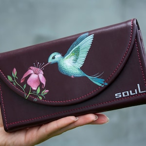 Cartera de mujer con colibrí y flores Cartera de cuero grande de alta calidad Idea de regalo para el día de la madre