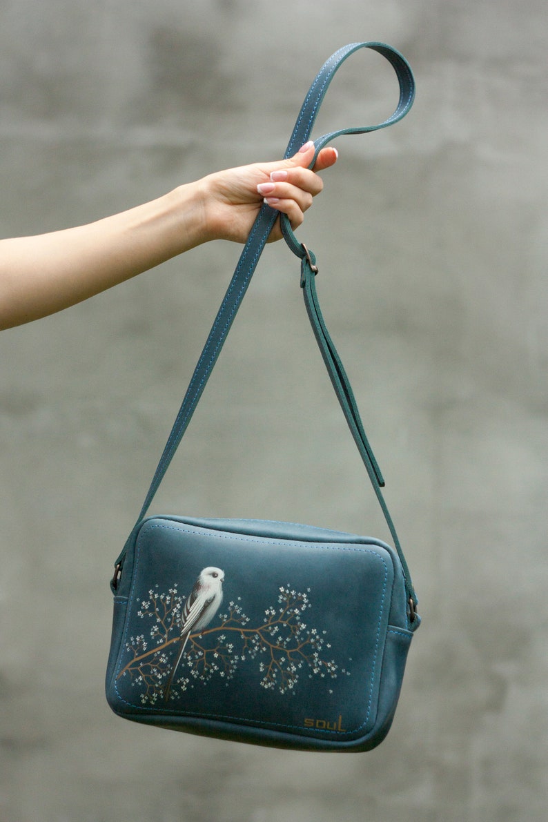 Women Vintage Bag With White Bird Brown Matte Leather Etsy