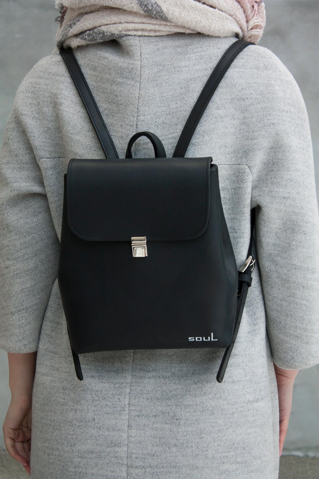 Black Leather Minimalist Backpack Women Small Size Rucksack Basic Daily ...