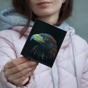 Carteira de couro preta com pintura de águia, bolsa pequena para homem, mini carteira feita à mão, bolsa de couro de alta qualidade com pintura de pássaro