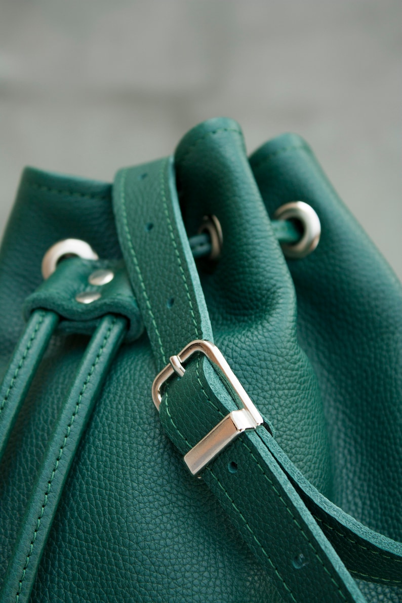 Emerald Green Bucket Bag Women Crossbody Bag Baggy Bag with Tassels Green Leather Drawstring Bag image 6