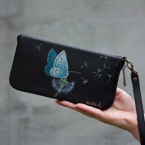 Women Black Leather Clutch Handmade Zipper Purse with Blue Butterfly and Dandelion Painting Large Size Purse with Wristlet Handle Women Gift