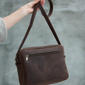 Woman Vintage Brown Leather Crossbody Bag Zipper Minimalist Shoulder Bag with Personalization image 5