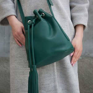 Emerald Green Bucket Bag Women Crossbody Bag Baggy Bag with Tassels Green Leather Drawstring Bag image 2