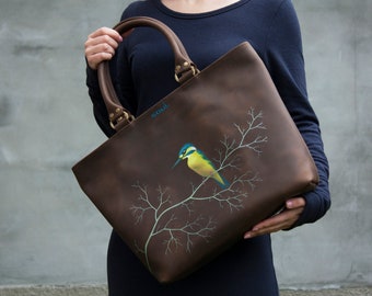 Woman Vintage Leather Tote Bag with Kingfisher Bird Large Shoulder Bag Brown Shopper Bag