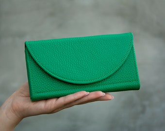 Cartera de cuero verde esmeralda grande de cuero suave bolso de mujer grande cartera simple bolso verde vivo idea de regalo de Navidad