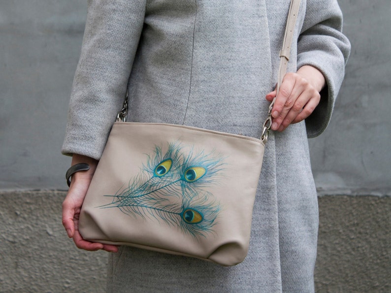 Light Beige Leather Purse with Peacock Feathers Painting Women Handbag Slim Crossbody Bag Beige Leather Clutch Women Gift Idea Vacation Bag image 4