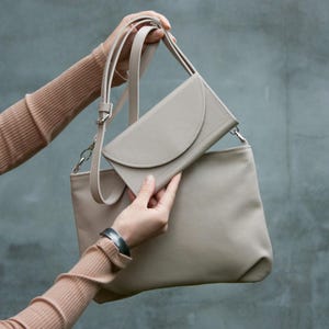 Beige Leather Crossbody Bag Women Minimalist Leather Set Soft Leather Bag and Purse Handmade Daily Crossbody Bag Evening Clutch Perfect Gift