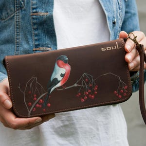 Carteira feita à mão com pintura de pássaro Dom-fafe Bolsa grande de couro marrom com zíper Bolsa feminina Ideia de presente Bolsa de alta qualidade