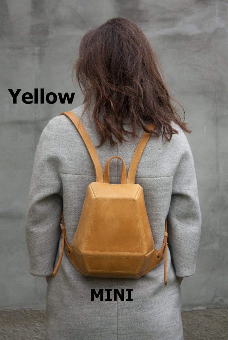 Yellow Leather Mini Backpack Geometry Shape Mustard Color Purse Anti ...