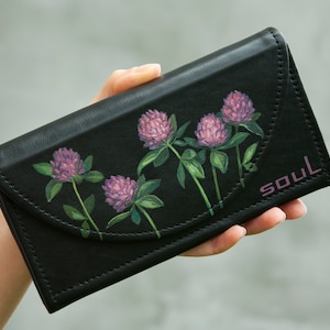 Cartera Mujer Piel Negra con Flores Trébol Rosa Monedero Grande Personalizado