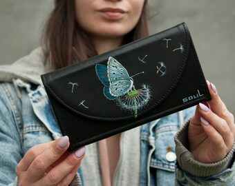 Women Gift Idea Black Leather Wallet Women Wallet with Butterfly and Dandelion Painting Large Purse Handcrafted Wallet