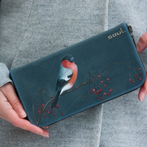 Carteira grande de pássaro bullfinch feminina bolsa de couro azul carteira de cartão com zíper personalizada