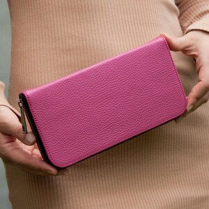Hot Pink Leather Purse Women Zipper Purse Handmade Purse Pink Leather Wallet High Quality Leather Purse Minimalist Leather Clutch