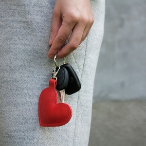 Leather Keychain Red Heart Key Fob as a Gift for Valentine's Day image 2