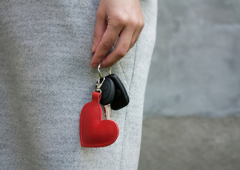 Leather Keychain Red Heart Key Fob as a Gift for Valentine's Day image 2